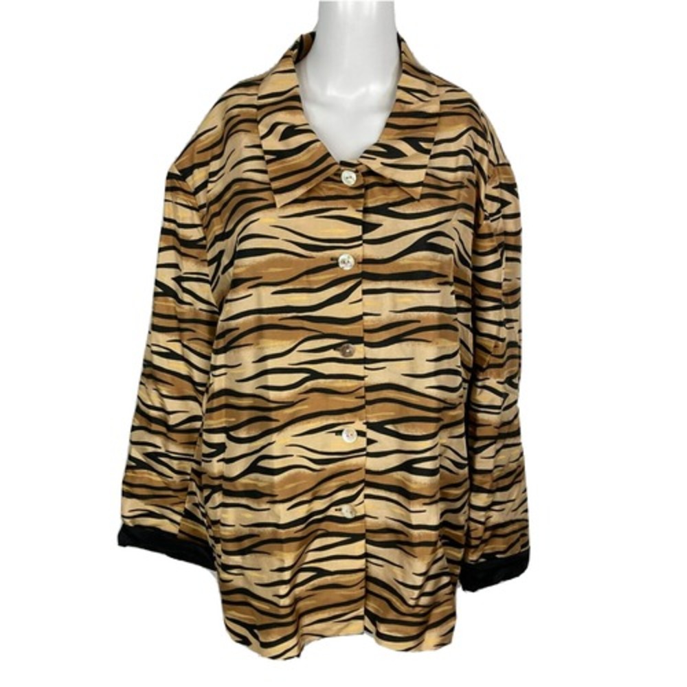 Silkland Shirt Womens Sz 3X Tiger Print 100% Silk Button Up Shirt Jacket Lined